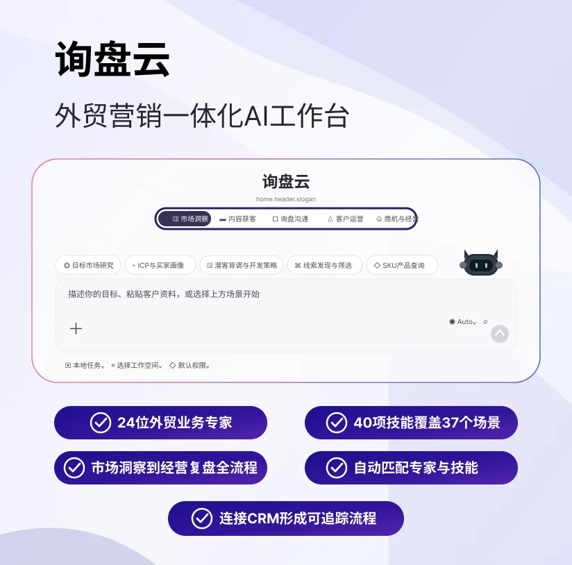 询盘云 Buddy 应用海报：24 位外贸业务专家、40 项技能覆盖 37 个场景、连接 CRM 形成可追踪流程